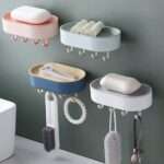 Wall Mounted Soap Dish Holder Box With Hooks